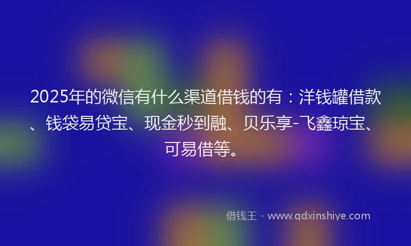 2025年的微信有什么渠道借钱的有：洋钱罐借款、钱袋易贷宝、现金秒到融、贝乐享-飞鑫琼宝、可易借等。