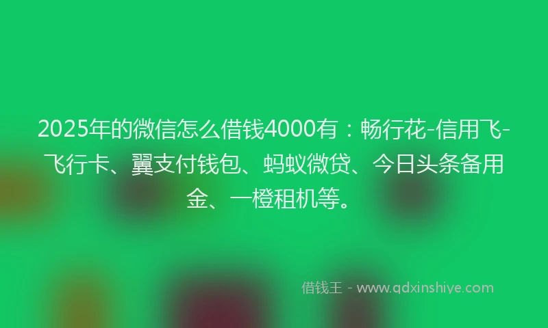 2025年的微信怎么借钱4000有：畅行花-信用飞-飞行卡、翼支付钱包、蚂蚁微贷、今日头条备用金、一橙租机等。