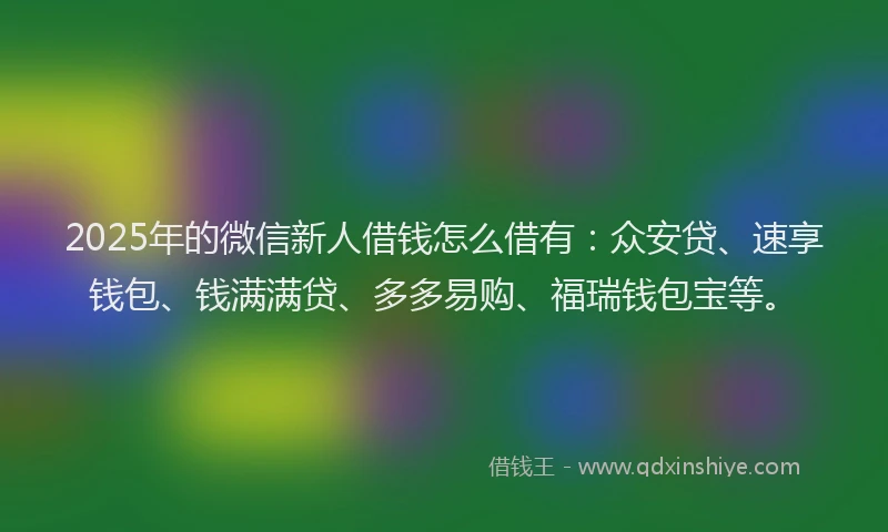2025年的微信新人借钱怎么借有：众安贷、速享钱包、钱满满贷、多多易购、福瑞钱包宝等。
