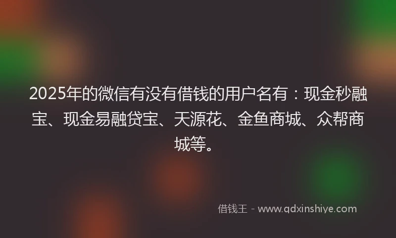 2025年的微信有没有借钱的用户名有：现金秒融宝、现金易融贷宝、天源花、金鱼商城、众帮商城等。