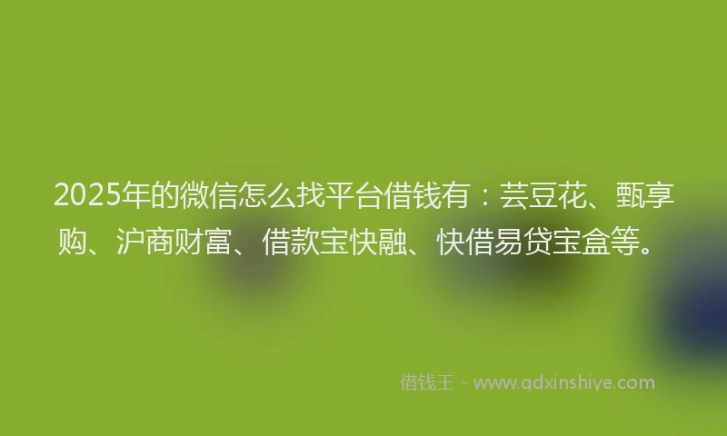 2025年的微信怎么找平台借钱有：芸豆花、甄享购、沪商财富、借款宝快融、快借易贷宝盒等。