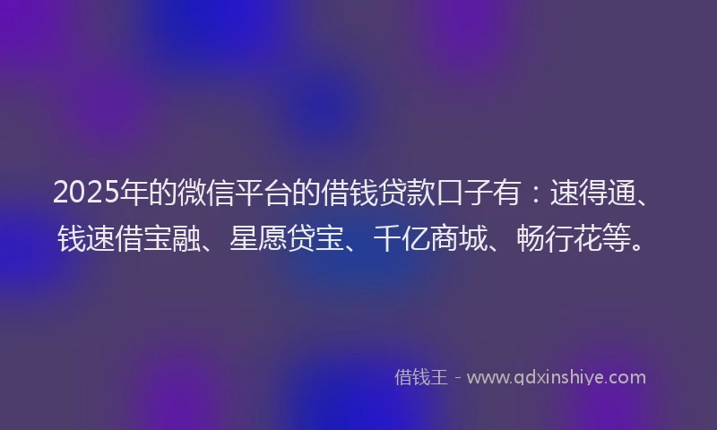 2025年的微信平台的借钱贷款口子有：速得通、钱速借宝融、星愿贷宝、千亿商城、畅行花等。