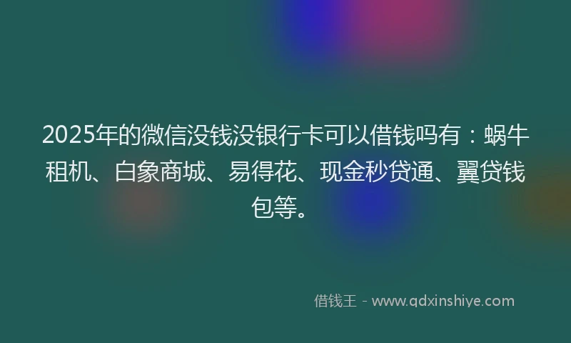 2025年的微信没钱没银行卡可以借钱吗有：蜗牛租机、白象商城、易得花、现金秒贷通、翼贷钱包等。