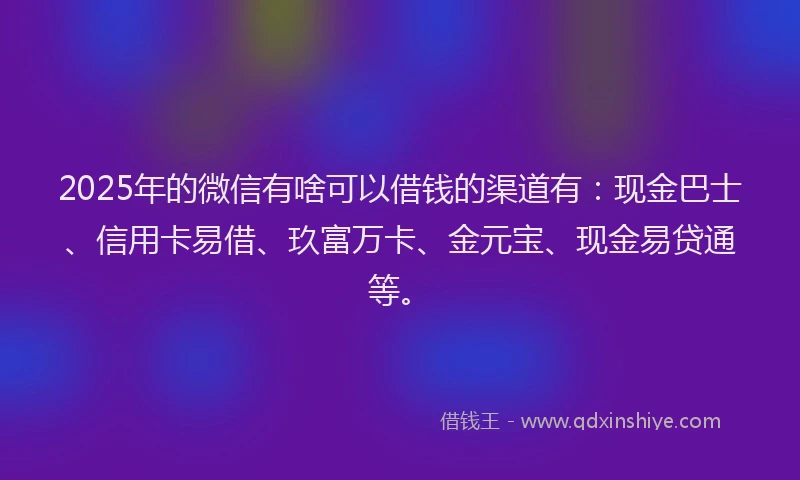 2025年的微信有啥可以借钱的渠道有：现金巴士、信用卡易借、玖富万卡、金元宝、现金易贷通等。
