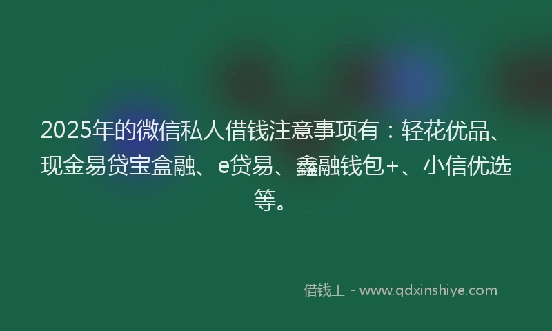 2025年的微信私人借钱注意事项有：轻花优品、现金易贷宝盒融、e贷易、鑫融钱包+、小信优选等。