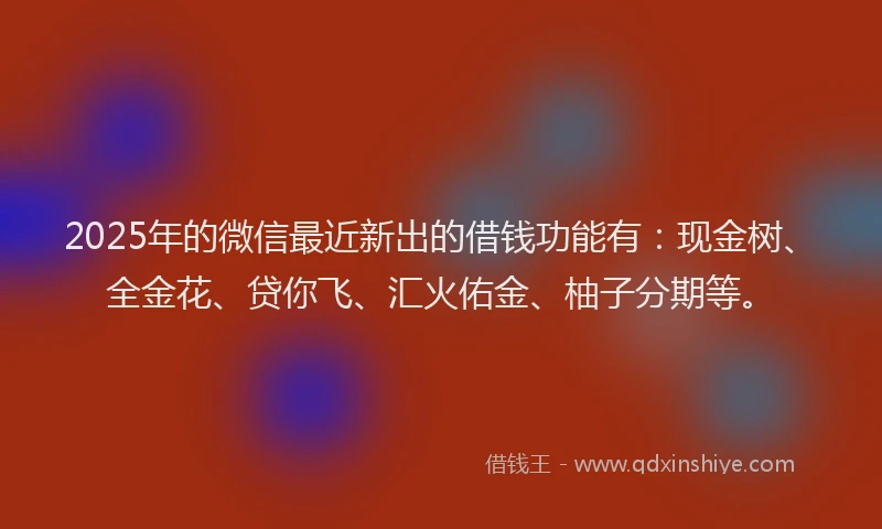 2025年的微信最近新出的借钱功能有：现金树、全金花、贷你飞、汇火佑金、柚子分期等。