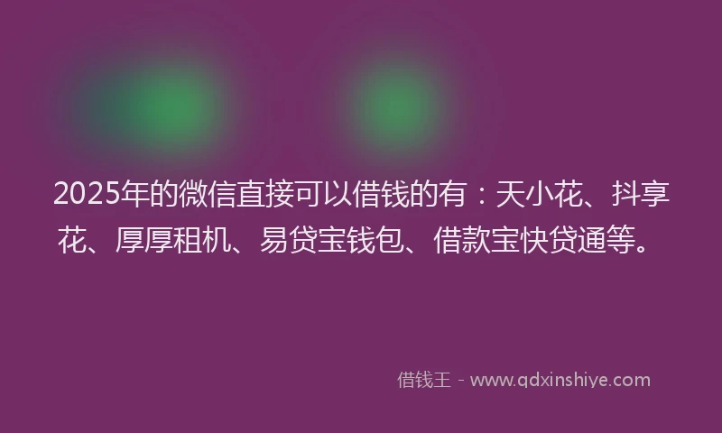 2025年的微信直接可以借钱的有：天小花、抖享花、厚厚租机、易贷宝钱包、借款宝快贷通等。
