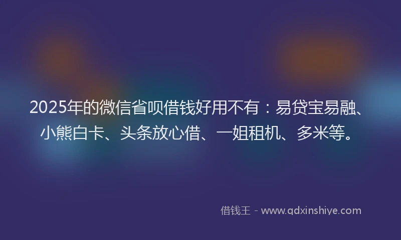 2025年的微信省呗借钱好用不有：易贷宝易融、小熊白卡、头条放心借、一姐租机、多米等。