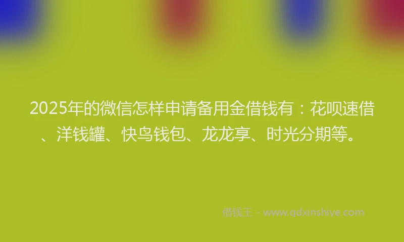 2025年的微信怎样申请备用金借钱有：花呗速借、洋钱罐、快鸟钱包、龙龙享、时光分期等。