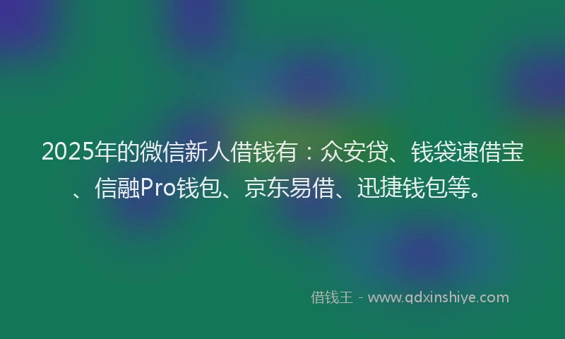 2025年的微信新人借钱有：众安贷、钱袋速借宝、信融Pro钱包、京东易借、迅捷钱包等。