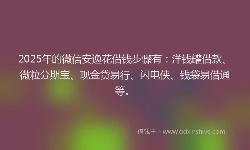 2025年的微信安逸花借钱步骤有：洋钱罐借款、微粒分期宝、现金贷易行、闪电侠、钱袋易借通等。