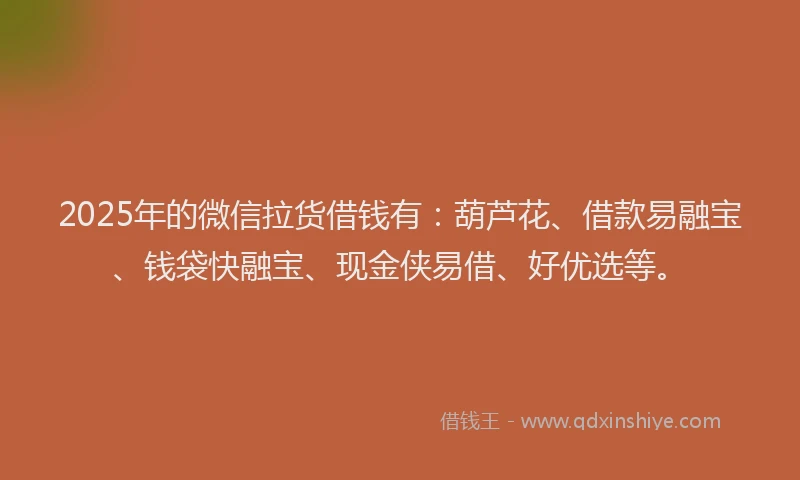 2025年的微信拉货借钱有：葫芦花、借款易融宝、钱袋快融宝、现金侠易借、好优选等。