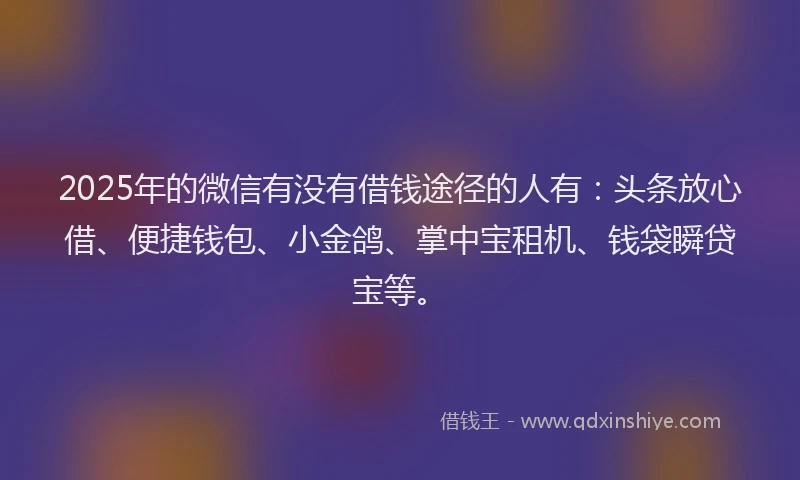 2025年的微信有没有借钱途径的人有：头条放心借、便捷钱包、小金鸽、掌中宝租机、钱袋瞬贷宝等。