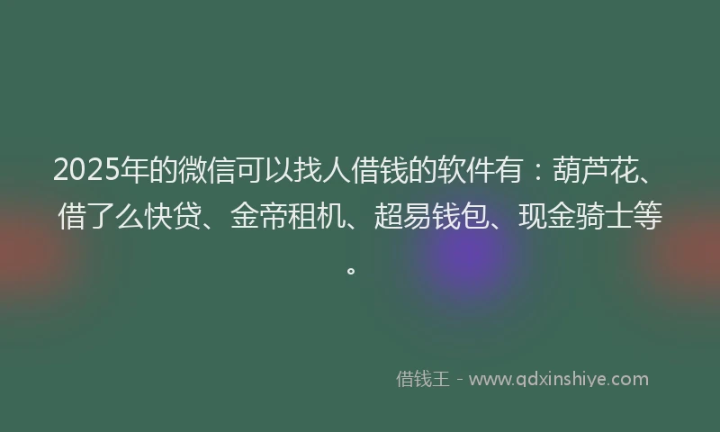 2025年的微信可以找人借钱的软件有：葫芦花、借了么快贷、金帝租机、超易钱包、现金骑士等。