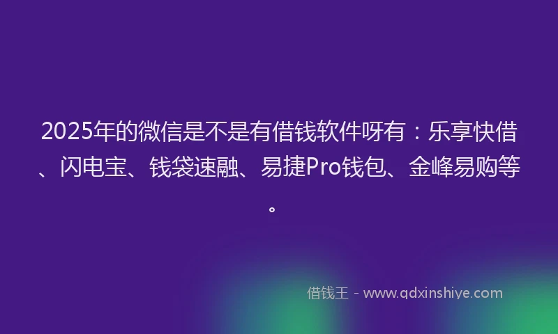 2025年的微信是不是有借钱软件呀有：乐享快借、闪电宝、钱袋速融、易捷Pro钱包、金峰易购等。