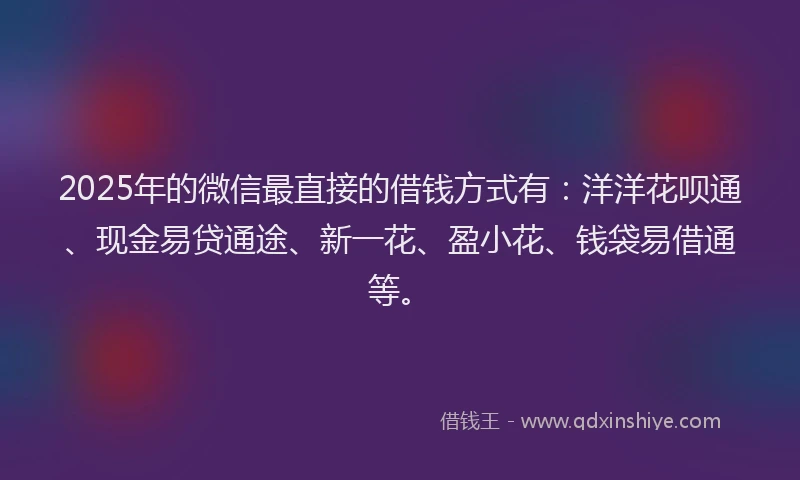 2025年的微信最直接的借钱方式有：洋洋花呗通、现金易贷通途、新一花、盈小花、钱袋易借通等。