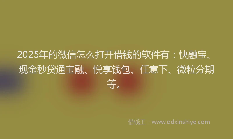 2025年的微信怎么打开借钱的软件有：快融宝、现金秒贷通宝融、悦享钱包、任意下、微粒分期等。