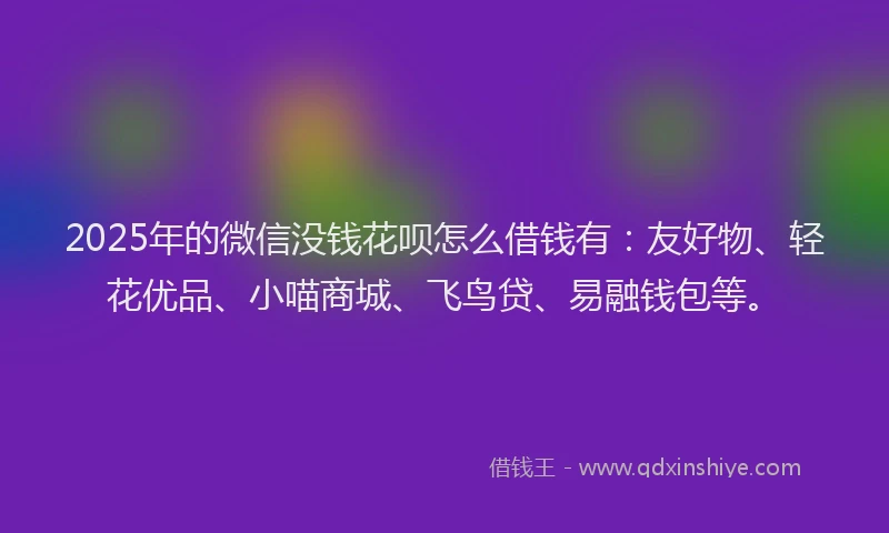 2025年的微信没钱花呗怎么借钱有：友好物、轻花优品、小喵商城、飞鸟贷、易融钱包等。