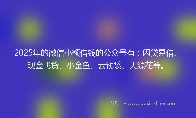 2025年的微信小额借钱的公众号有：闪贷易借、现金飞贷、小金鱼、云钱袋、天源花等。