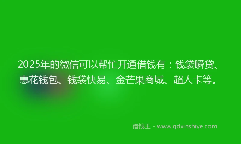 2025年的微信可以帮忙开通借钱有：钱袋瞬贷、惠花钱包、钱袋快易、金芒果商城、超人卡等。