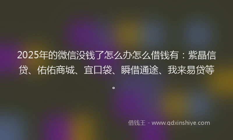 2025年的微信没钱了怎么办怎么借钱有：紫晶信贷、佑佑商城、宜口袋、瞬借通途、我来易贷等。