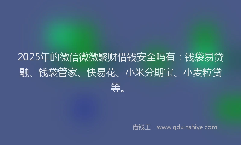 2025年的微信微微聚财借钱安全吗有：钱袋易贷融、钱袋管家、快易花、小米分期宝、小麦粒贷等。