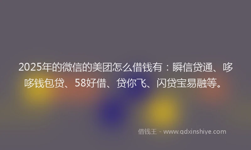 2025年的微信的美团怎么借钱有：瞬信贷通、哆哆钱包贷、58好借、贷你飞、闪贷宝易融等。