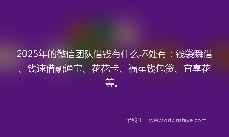 2025年的微信团队借钱有什么坏处有：钱袋瞬借、钱速借融通宝、花花卡、福星钱包贷、宜享花等。