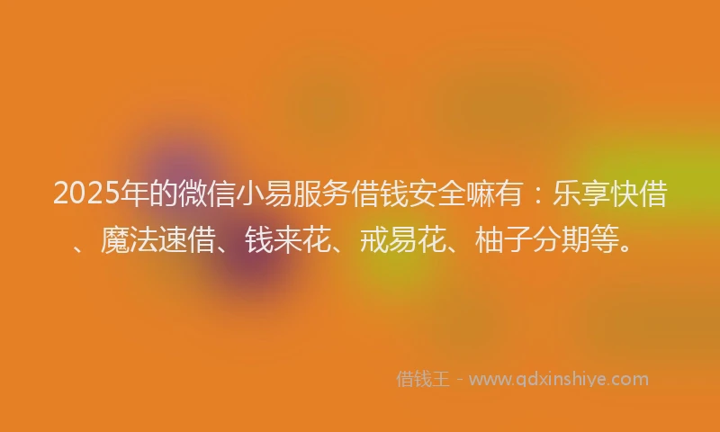 2025年的微信小易服务借钱安全嘛有：乐享快借、魔法速借、钱来花、戒易花、柚子分期等。