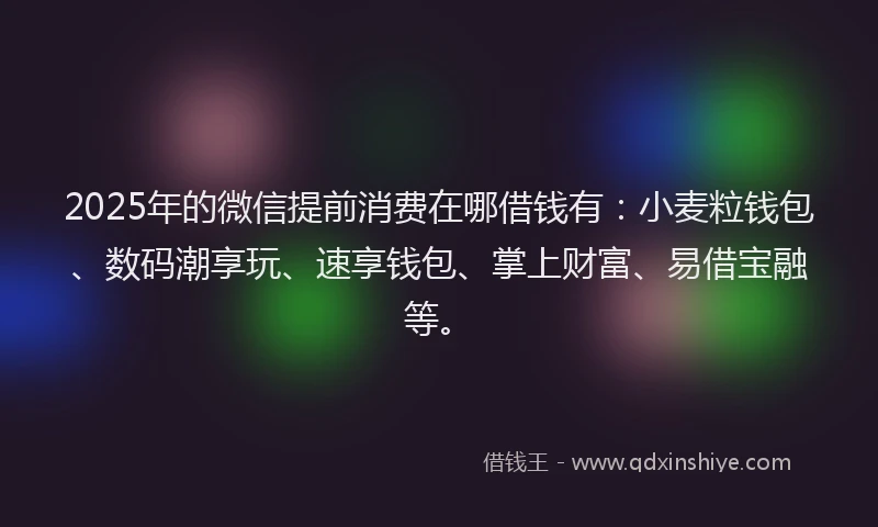 2025年的微信提前消费在哪借钱有：小麦粒钱包、数码潮享玩、速享钱包、掌上财富、易借宝融等。