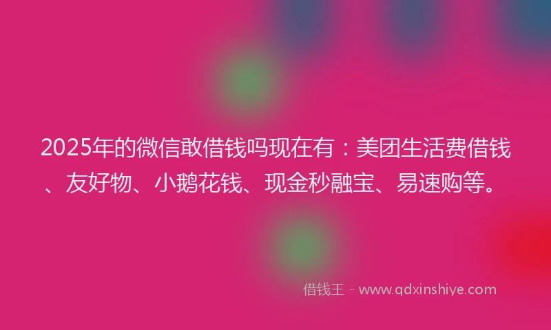 2025年的微信敢借钱吗现在有：美团生活费借钱、友好物、小鹅花钱、现金秒融宝、易速购等。