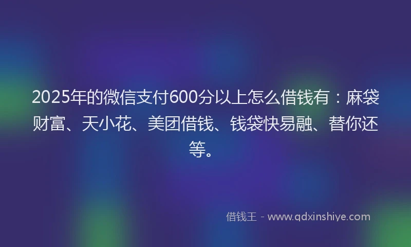 2025年的微信支付600分以上怎么借钱有：麻袋财富、天小花、美团借钱、钱袋快易融、替你还等。