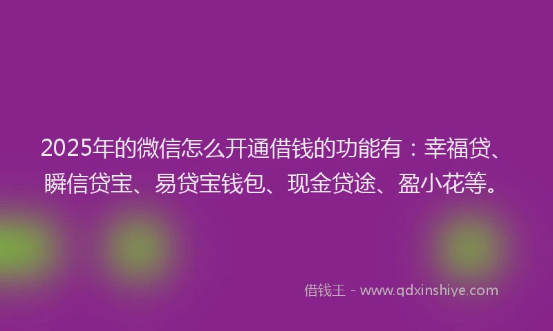 2025年的微信怎么开通借钱的功能有：幸福贷、瞬信贷宝、易贷宝钱包、现金贷途、盈小花等。