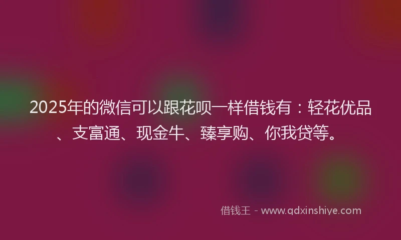 2025年的微信可以跟花呗一样借钱有：轻花优品、支富通、现金牛、臻享购、你我贷等。
