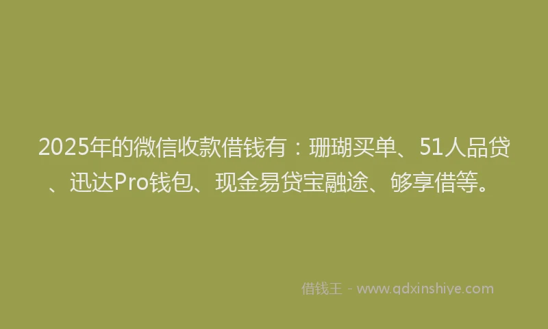 2025年的微信收款借钱有：珊瑚买单、51人品贷、迅达Pro钱包、现金易贷宝融途、够享借等。