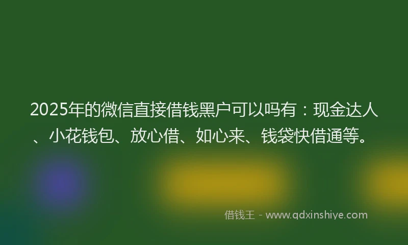2025年的微信直接借钱黑户可以吗有：现金达人、小花钱包、放心借、如心来、钱袋快借通等。