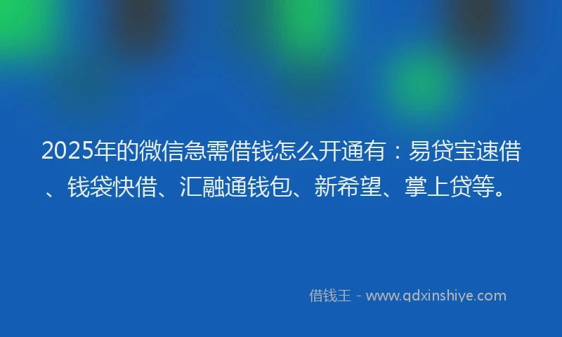 2025年的微信急需借钱怎么开通有：易贷宝速借、钱袋快借、汇融通钱包、新希望、掌上贷等。