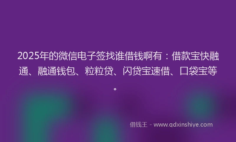 2025年的微信电子签找谁借钱啊有：借款宝快融通、融通钱包、粒粒贷、闪贷宝速借、口袋宝等。