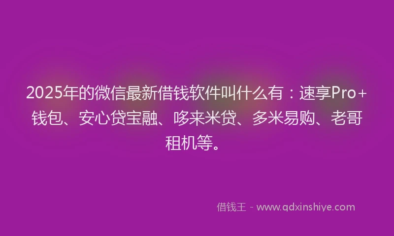 2025年的微信最新借钱软件叫什么有：速享Pro+钱包、安心贷宝融、哆来米贷、多米易购、老哥租机等。