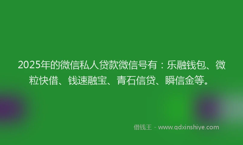 2025年的微信私人贷款微信号有：乐融钱包、微粒快借、钱速融宝、青石信贷、瞬信金等。