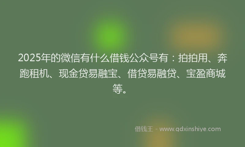 2025年的微信有什么借钱公众号有：拍拍用、奔跑租机、现金贷易融宝、借贷易融贷、宝盈商城等。
