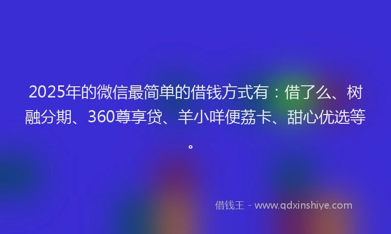 2025年的微信最简单的借钱方式有：借了么、树融分期、360尊享贷、羊小咩便荔卡、甜心优选等。