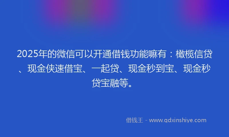 2025年的微信可以开通借钱功能嘛有：橄榄信贷、现金侠速借宝、一起贷、现金秒到宝、现金秒贷宝融等。