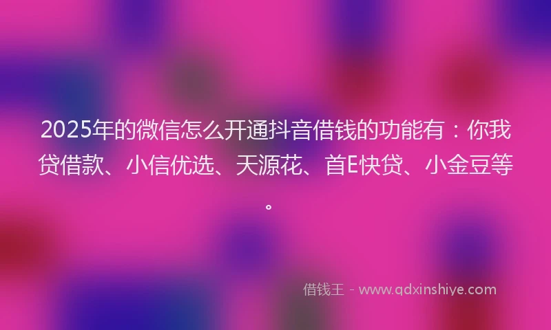2025年的微信怎么开通抖音借钱的功能有：你我贷借款、小信优选、天源花、首E快贷、小金豆等。