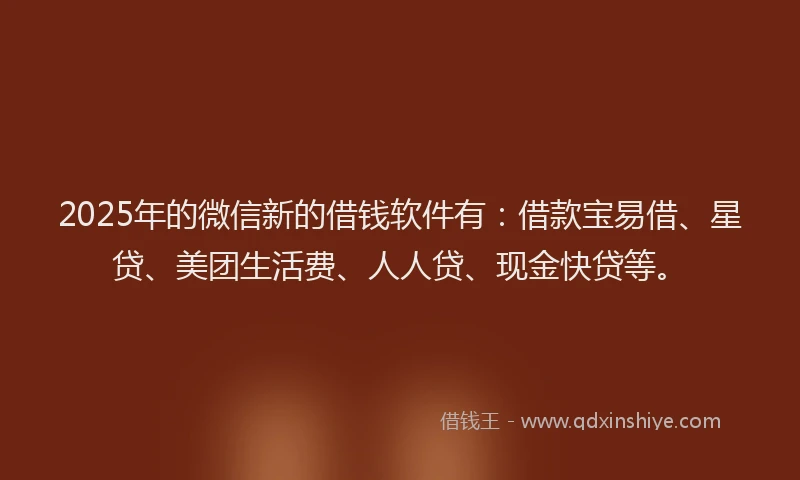 2025年的微信新的借钱软件有：借款宝易借、星贷、美团生活费、人人贷、现金快贷等。