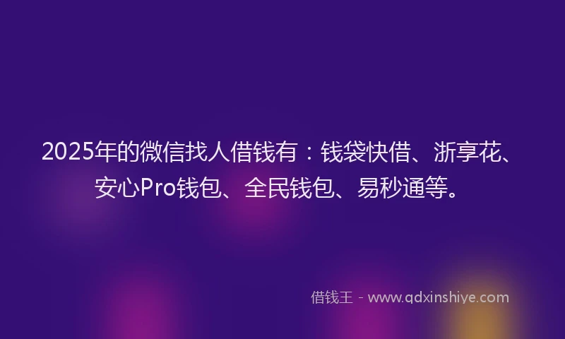 2025年的微信找人借钱有：钱袋快借、浙享花、安心Pro钱包、全民钱包、易秒通等。