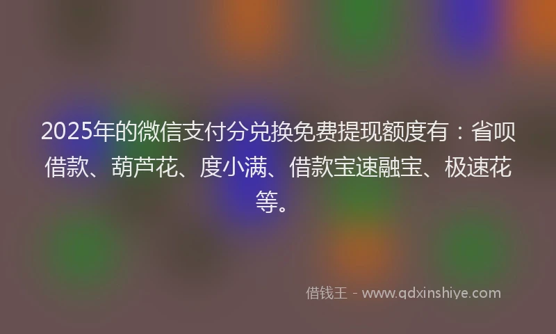 2025年的微信支付分兑换免费提现额度有：省呗借款、葫芦花、度小满、借款宝速融宝、极速花等。