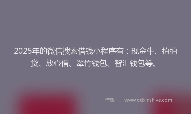 2025年的微信搜索借钱小程序有：现金牛、拍拍贷、放心借、翠竹钱包、智汇钱包等。