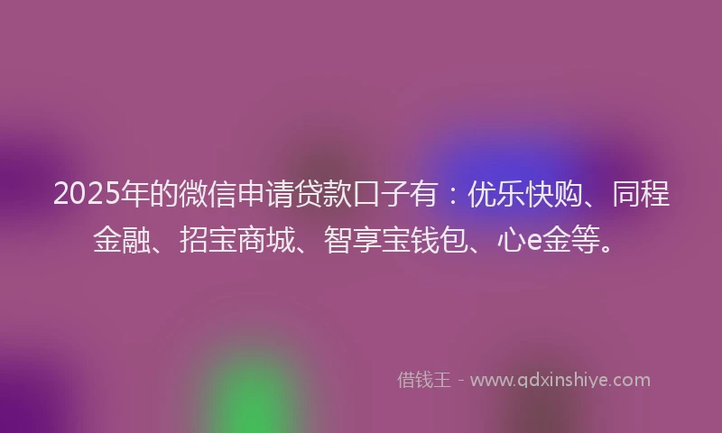 2025年的微信申请贷款口子有：优乐快购、同程金融、招宝商城、智享宝钱包、心e金等。