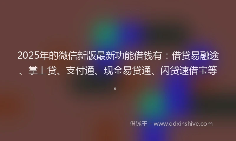 2025年的微信新版最新功能借钱有：借贷易融途、掌上贷、支付通、现金易贷通、闪贷速借宝等。